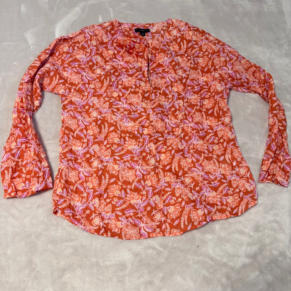 J.Crew Floral Ramie V-Neck Blouse Womens Orange Size XS Long Sleeve Lightweight